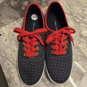 Tommy Hilfiger Women's Sneakers 8.5 Blue Canvas White Polka Dots Red Trim Laces